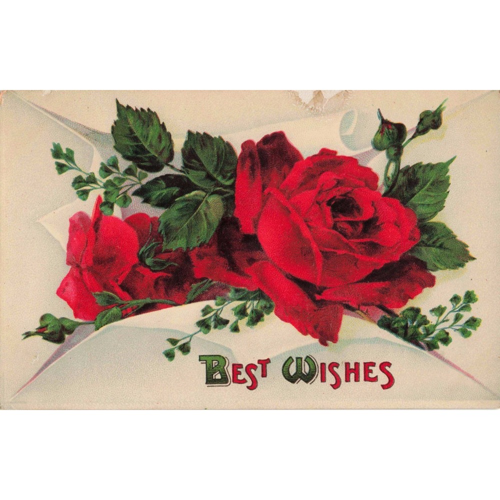 Antique Best Wishes Postcard Red Roses Embossed 1909 Franklin 1c Stamp Serie 40 - Picture 1 of 2
